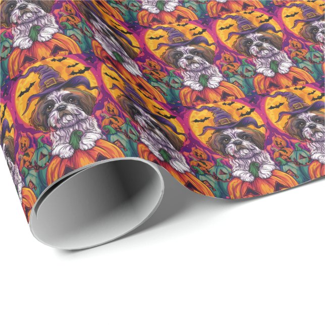Spooky Malti Tzu Dog Halloween Witch And Pumpkin Wrapping Paper (Roll Corner)