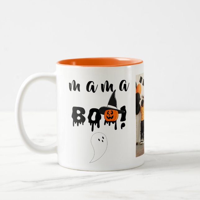 Spooky Mama Boo Orange Halloween Family Photo Two-Tone Coffee Mug (Left)