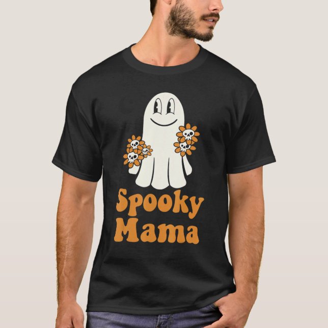Spooky Mama Groovy Halloween Floral Ghost Spooky M T-Shirt (Front)