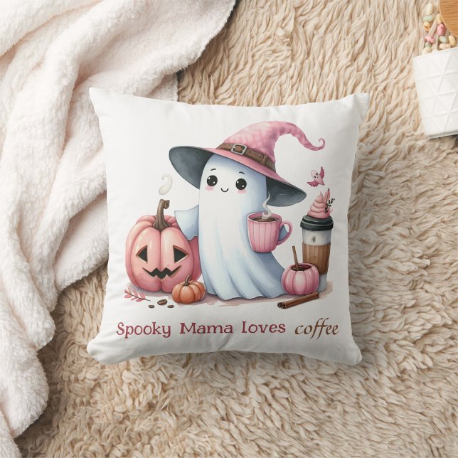 spooky mama loves coffee cute ghost cushion (Creator Uploaded)