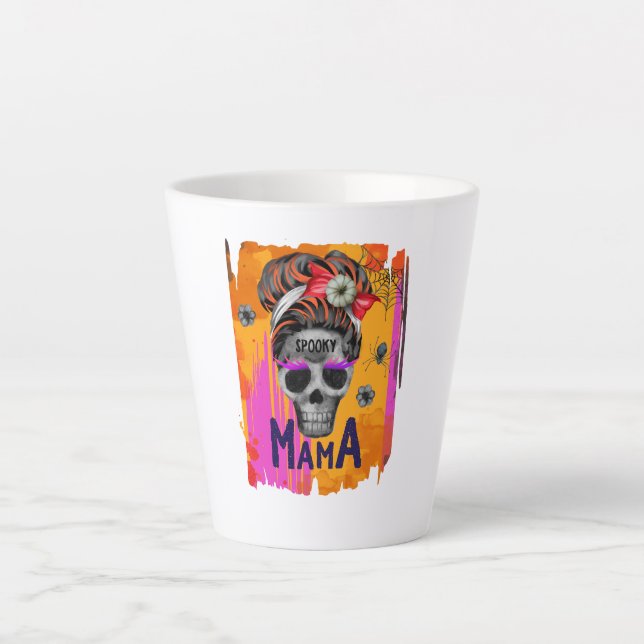 Spooky Mama – Messy Bun Skull Latte Mug (Front)