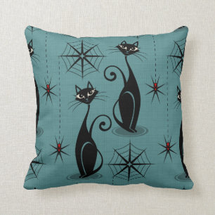 Spooky Meow Retro Atomic Cats on Blue Cushion