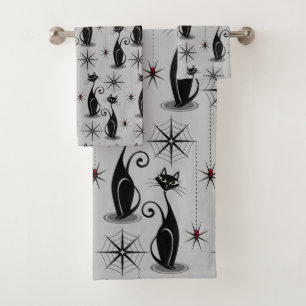 Spooky Meow Retro Atomic Cats on Pale Gray Bath Towel Set