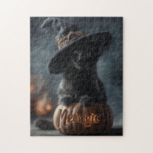 Spooky "Meowgic" Black Cat in a Witch Hat Jigsaw Puzzle