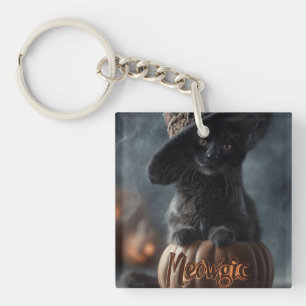 Spooky "Meowgic" Black Cat in a Witch Hat Key Ring