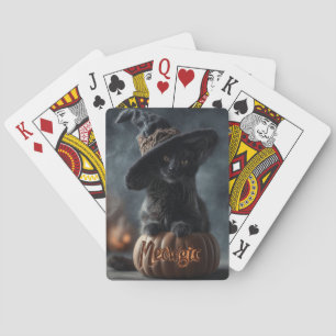 Spooky "Meowgic" Black Cat in a Witch Hat Playing Cards