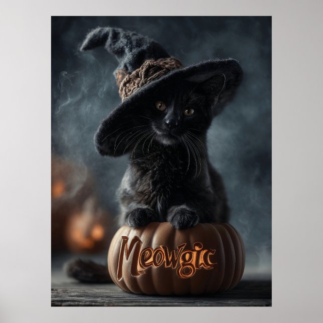 Spooky "Meowgic" Black Cat in a Witch Hat Poster (Front)