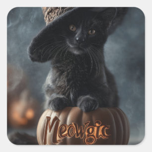Spooky "Meowgic" Black Cat in a Witch Hat Square Sticker