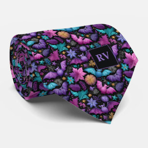 Spooky Midnight Garden Bats Halloween Monogrammed Tie