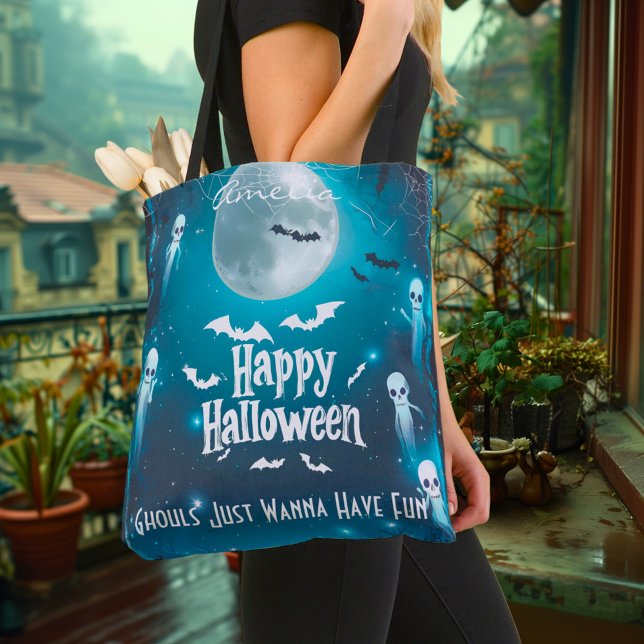Spooky Moonlit Halloween with Ghosts and Bats Tote Bag (Creator Uploaded)