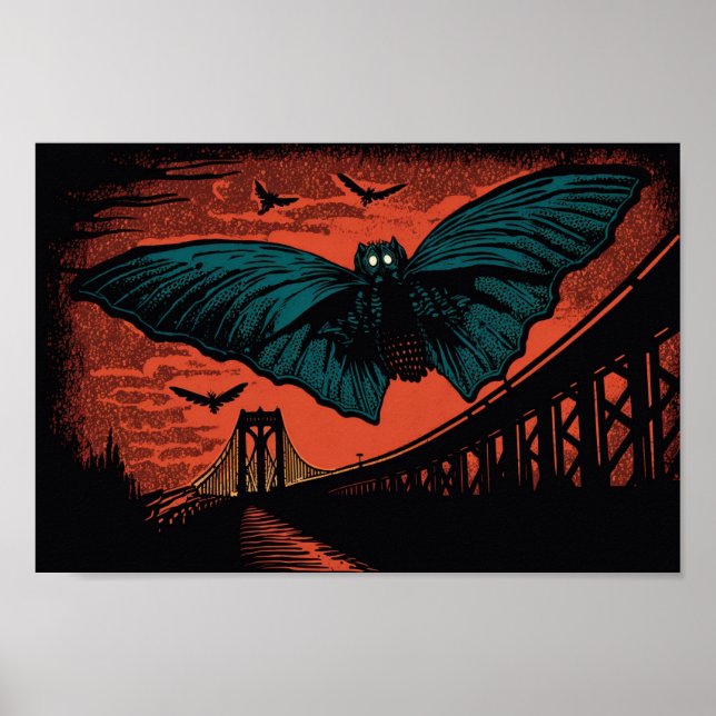 Spooky Mothman and Bridge Woodcut Art Print (Front)