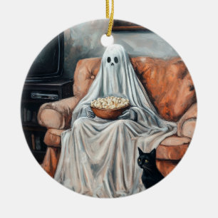 Spooky Movie Night Ghost and Cat Watching TV Ceramic Ornament