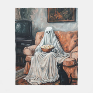 Spooky Movie Night Ghost and Cat Watching TV Fleece Blanket