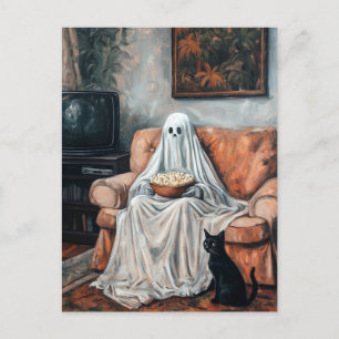 Spooky Movie Night   Ghost and Cat Watching TV Holiday Postcard
