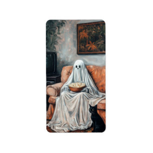 Spooky Movie Night Ghost and Cat Watching TV Label