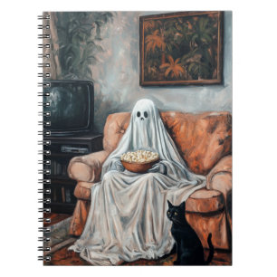 Spooky Movie Night Ghost and Cat Watching TV Notebook