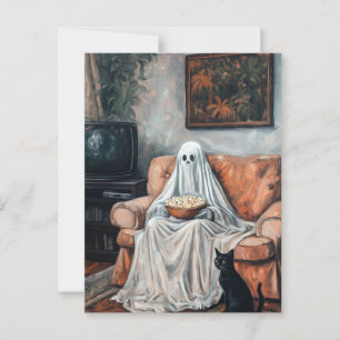 Spooky Movie Night Ghost and Cat Watching TV Postcard
