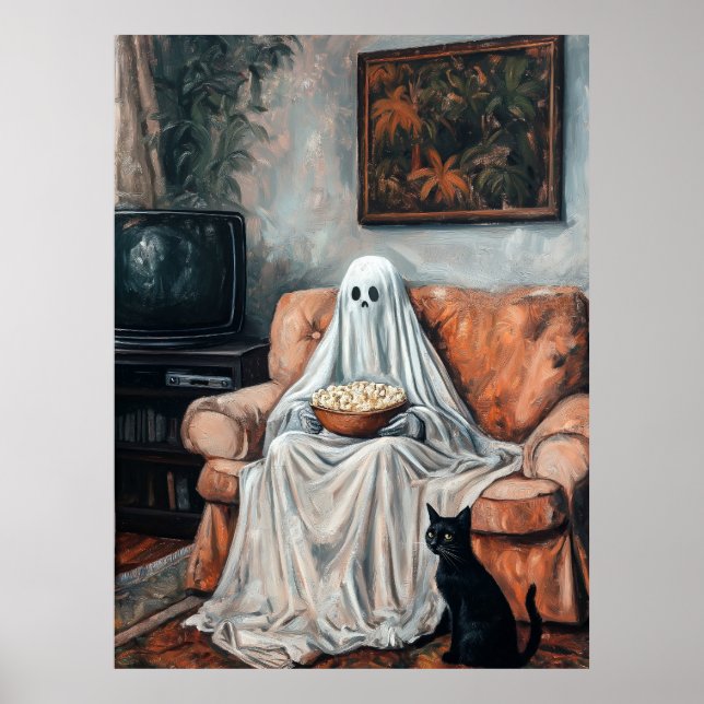 Spooky Movie Night | Ghost and Cat Watching TV Poster (Front)