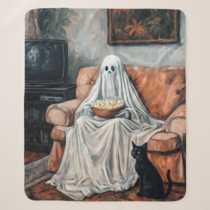 Spooky Movie Night Ghost and Cat Watching TV Sherpa Blanket