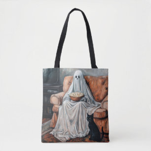 Spooky Movie Night   Ghost and Cat Watching TV Tote Bag