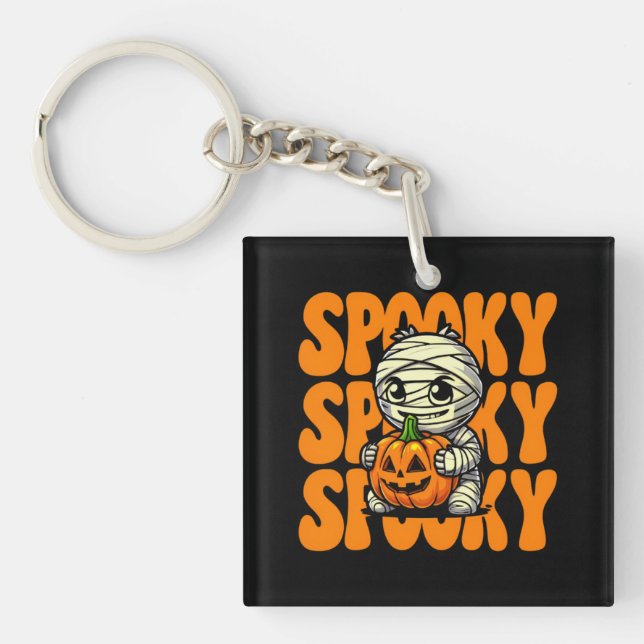 Spooky  Mummy Hugging Pumpkin Halloween Key Ring (Front)