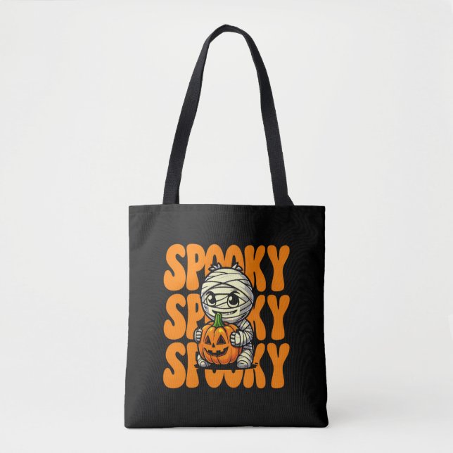 Spooky  Mummy Hugging Pumpkin Halloween Tote Bag (Front)