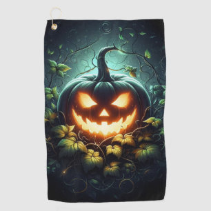 Spooky nature glowing Halloween pumpkin Golf Towel