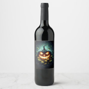 Spooky nature glowing Halloween pumpkin Wine Label