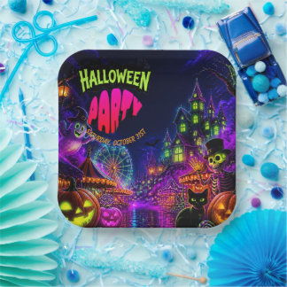 Spooky Neon Halloween Party Paper Plate