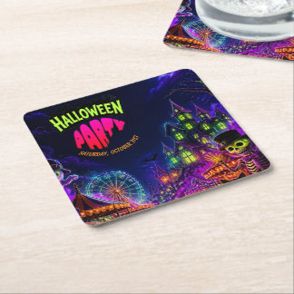 Spooky Neon Halloween Party Square Paper Coaster