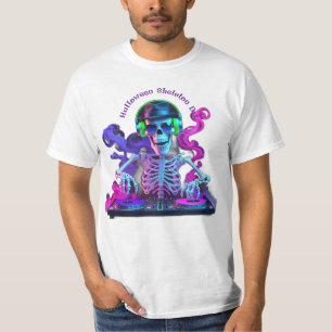 Spooky Neon Halloween Skeleton DJ Illustration T-Shirt
