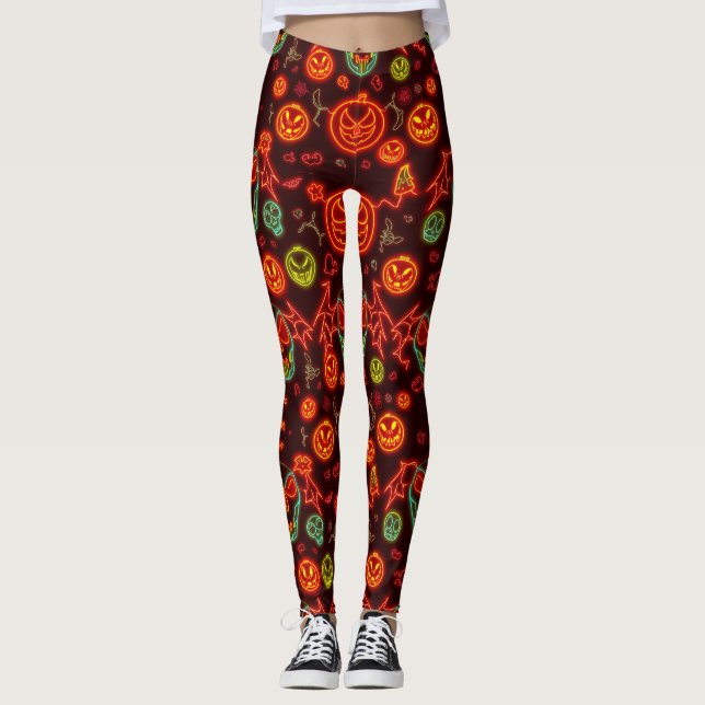 Spooky Neon Jack-o'-Lantern Halloween Night Scene Leggings (Front)