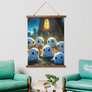 Spooky Night Cemetery Cute Halloween Ghost Hanging Tapestry