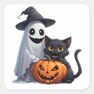 Spooky Night Ghost Cat And Pumpkin Celebration 🎃 Square Sticker
