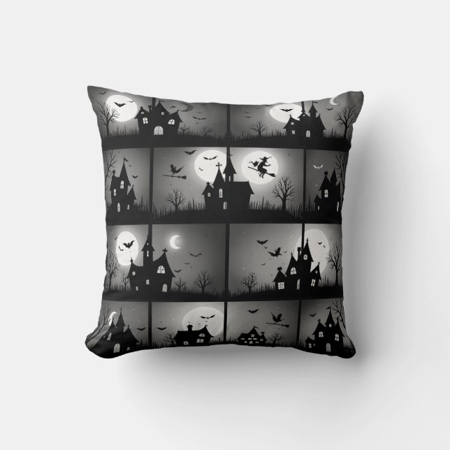 Spooky Night Haunted House Halloween Pattern Throw Cushion (Front)