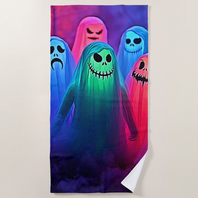 Spooky Night of Colourful Ghosts Design Beach Towel (Front)