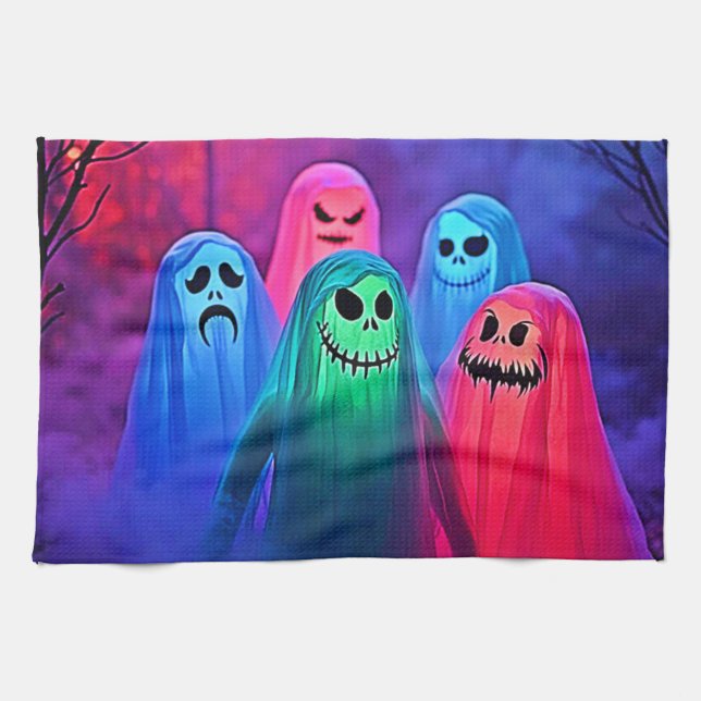 Spooky Night of Colourful Ghosts Design Tea Towel (Horizontal)