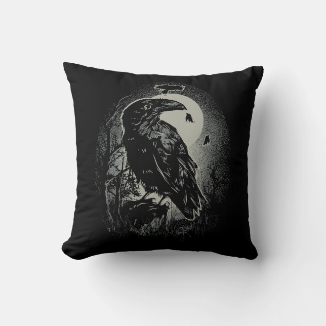 Spooky Night Raven Birds Illustration Cushion (Front)