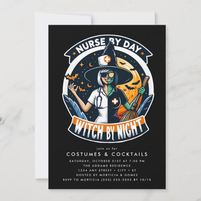 Spooky Nurse by Day Witch by Night Halloween Invitation (Front)