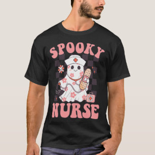 Spooky Nurse Floral Cute Ghost Nurse Groovy Hallow T-Shirt