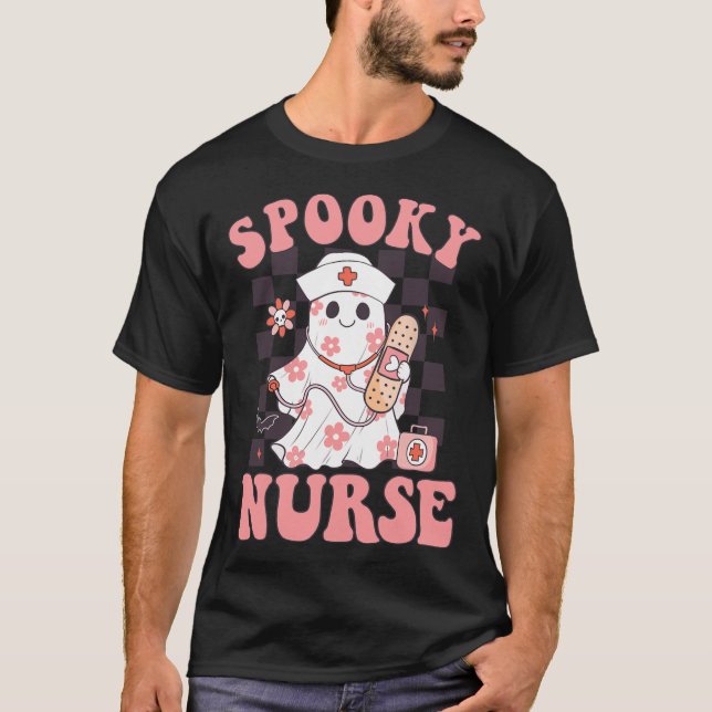 Spooky Nurse Floral Cute Ghost Nurse Groovy Hallow T-Shirt (Front)