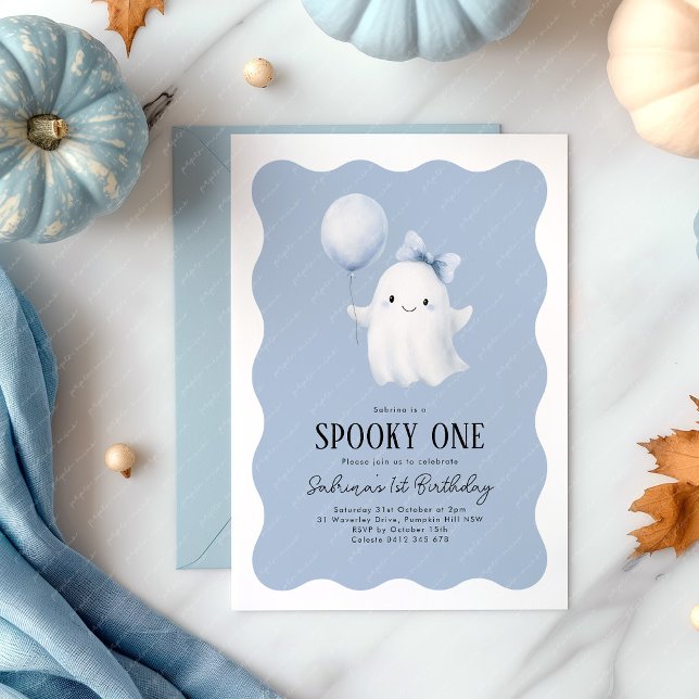 Spooky One 1st Birthday Ghost Blue Balloon Invitation (Spooky One! Halloween themed 1st birthday party invitation for a boy with cute ghost with balloon)