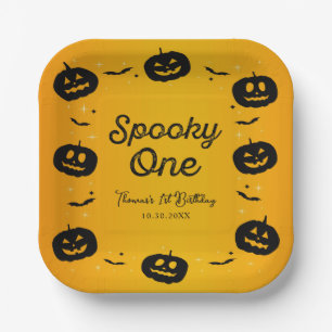 Spooky One Birthday Halloween Pumpkins & Bats Paper Plate