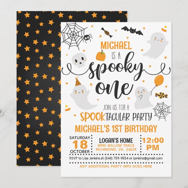Spooky One Birthday Invitation - Blk & Orange (Front/Back)