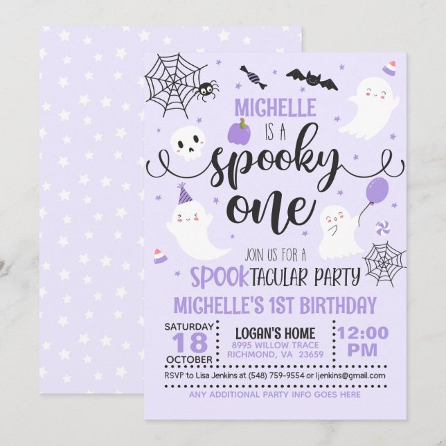 Spooky One Birthday Invitation - Girl (Purple) (Front/Back)
