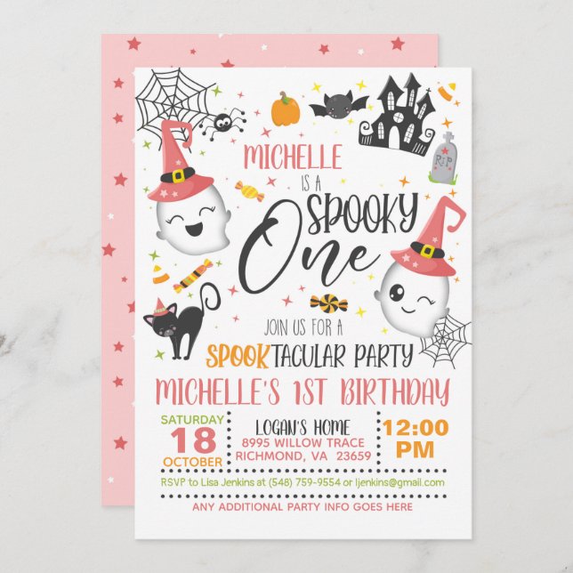 Spooky One Birthday Invitation - Girl White (Front/Back)