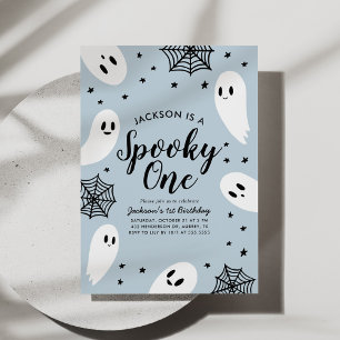 Spooky One Blue Ghost Halloween 1st Birthday Invitation