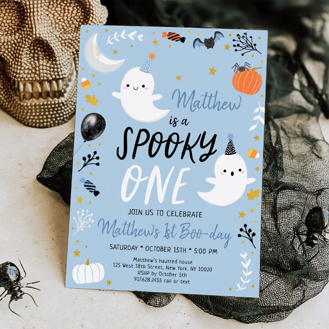 Spooky ONE Blue Ghost Halloween Birthday Invitation (Creator Uploaded)