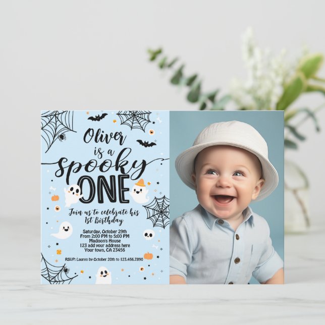 Spooky One Blue Ghost Halloween Invite with Photo (Standing Front)