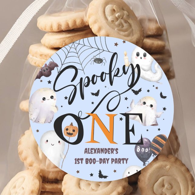 Spooky One Boy Halloween 1st Birthday Party Ghost  Classic Round Sticker (Creator Uploaded)